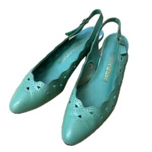 Vintage Aqua Leather Slingback Sandal Shoes Scallop Cutout Wedges / 8 N -